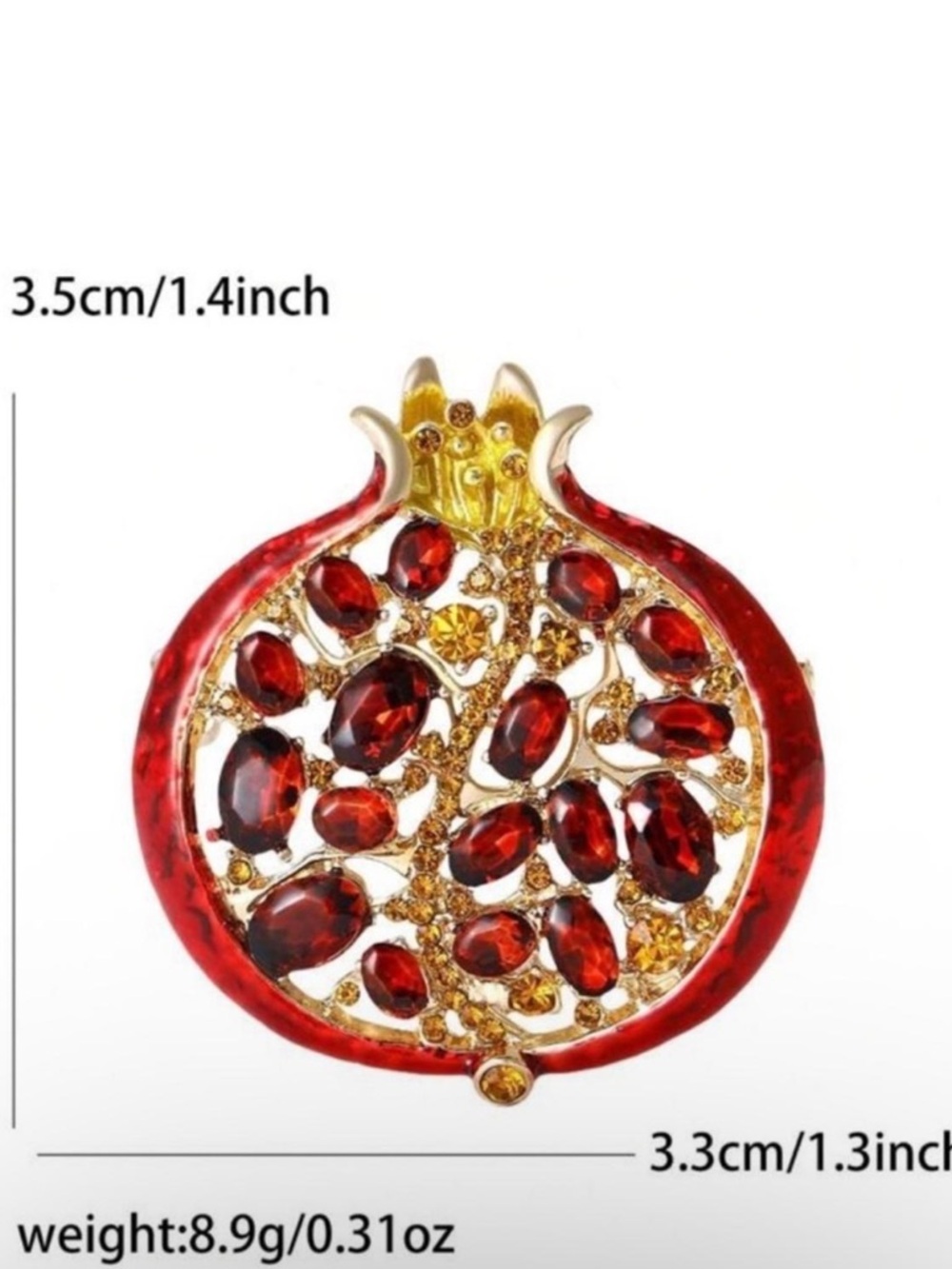 Whimsical Pomegranate Brooch Red Gold Rhinestone Pin - Picture 6 of 6